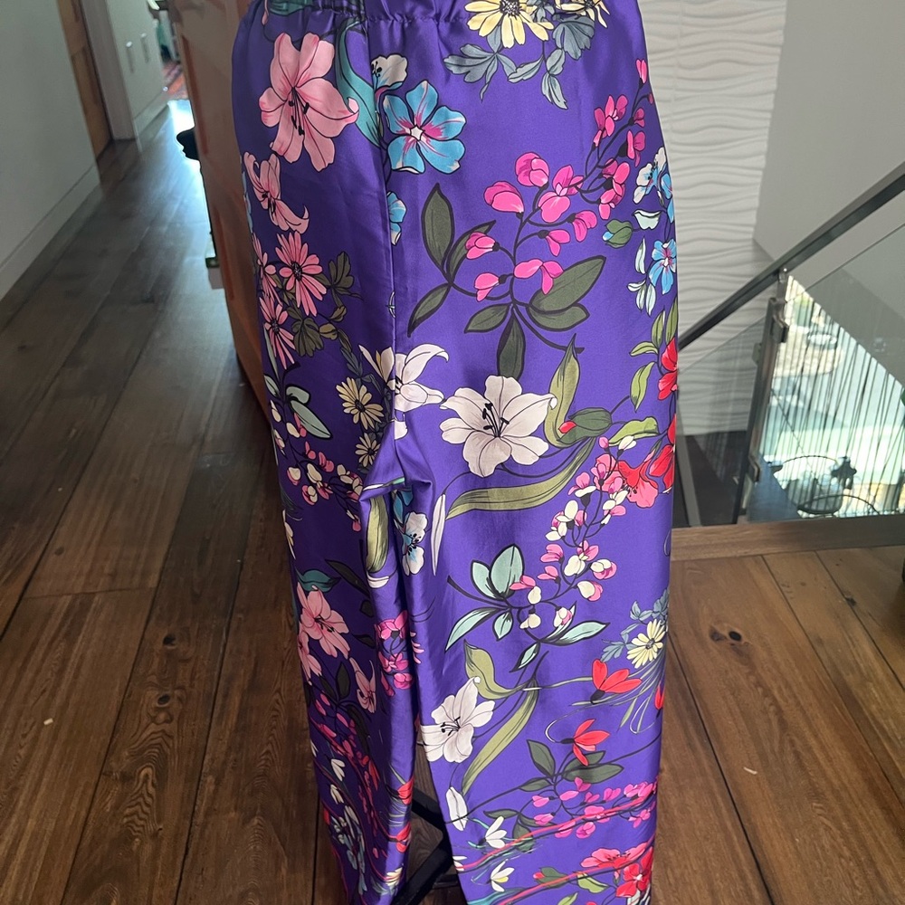 purple print satin flowing pants shorts size medium